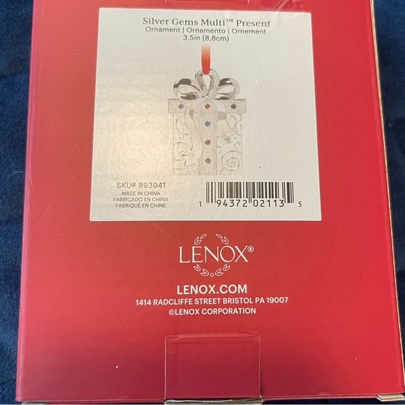 Lenox Silver Plated Ornament with Red Ribbon and 6 Colorful Gems NIB - Picture 3 of 4